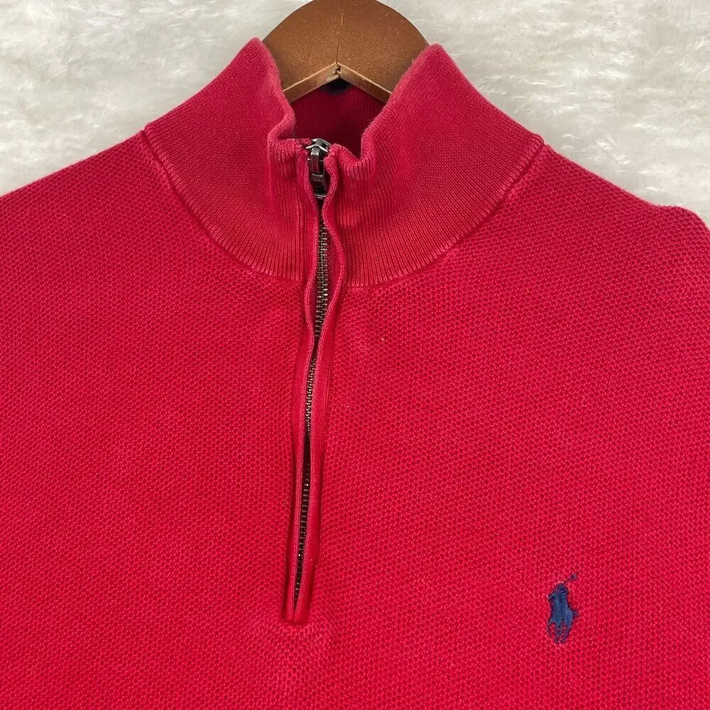 Polo Ralph Lauren Sweater Mens XL Red Pima Cotton Waffle Knit Quarter Zip Pony - Picture 2 of 11